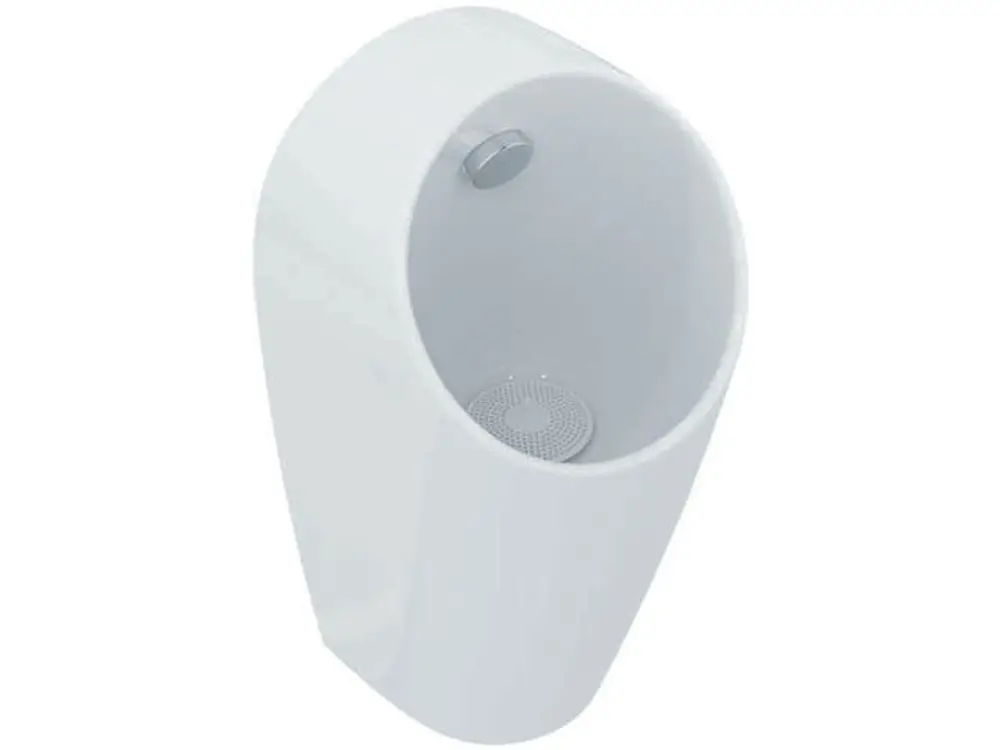 Weißes Ideal Standard Urinal mit runder Form und hinterem Zulauf, geeignet für Wandmontage, unauffälliges Design ohne sichtbare Wasserleitung.